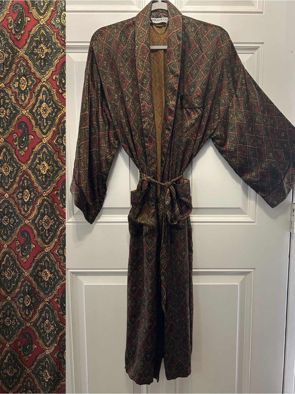 100% Silk Vintage 90s Max Deco Brown Golden Bronze Paisley Belted Smoking Robe L